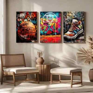 3pcs Colorful Basketball Graffiti Basketball Metal Print  Ready to Hang Art - Picture 1 of 7