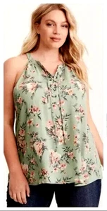 NEW Women's Torrid Mint Green Floral Lace Up Halter Tank Top Plus Size-2X - Picture 1 of 5