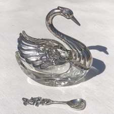Argento Sterling Swan Forma VETRO Saliera con cucchiaio di sale di Angelo segni di importazione