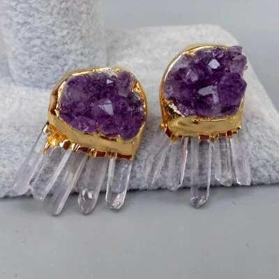Aretes de cuarzo blanco druzy crudo amatista púrpura natural Foto 1 de 4