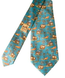 Vintage HERMES Turqoise Palm Tree Tiki Coconut Shell Silk Twill Tie - Picture 1 of 4
