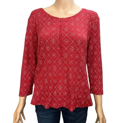 Aventura Thermal Henley Tshirt XL Diamond Print Hook And Eye Boho 3/4 Sleeve Red - Image 1 of 4