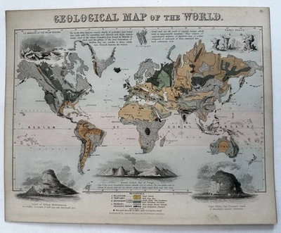 Mapa geológico mundial raro c.1850 Reynolds coloreado a mano raro viñetas decorativas Foto 1 de 4