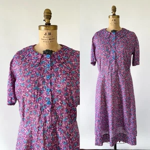 Vintage 1930s Purple Blue Floral Day Dress Collared Buttons Volup 40 41 Waist XL - Picture 1 of 14