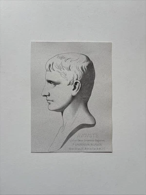 Gravura antiga 1868 estudo de retrato masculino acadêmico imperador Augusto realeza - Imagem 1 de 2