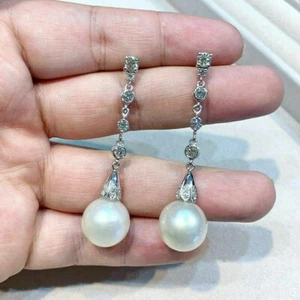 4.20Ct Round Cut Pearl & Diamond Drop/Dangle Earring's 14K White Gold Finish - Picture 1 of 5
