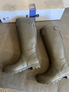 Joules Fieldwelly Rain Boots 6 Buckle Adjustable Strap Green Gold Stripes - Picture 1 of 6