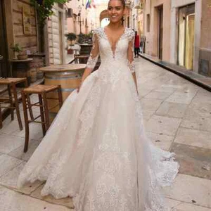 Boho A-Line Wedding Dresses V-Neck 3/4 Sleeves Lace Applique Bridal Gowns Train - Picture 1 of 8
