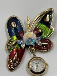Vintage Bonneto Enamel Butterfly Brooch With Watch - Picture 1 of 8