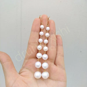 Natürliche atemberaubende 6-11 mm echte AAAA + Südsee weiße Perle lange Ohrringe 14k Gold P - Bild 1 von 10