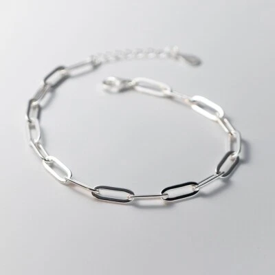 Women Real S925 Sterling Silver Paper Clip Rolo Chain Bangle Bracelet 7.28'' - Image 1 of 3