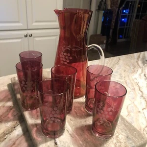 7 Piece ~ Ruby Red "ETCHED GRAPE" Beverage Set ~ Pitcher ~ (6) Tumblers Vintage - Picture 1 of 5