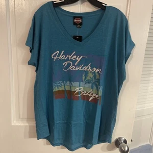 Harley-Davidson® Women's Poly-Blend Short Sleeve V-Neck Tee - Turquoise Belize - Picture 1 of 5