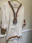 Calypso St. Barth White Linen W/ Embroidered Design 3/4 Sleeve Tunic Top, Sz Xs