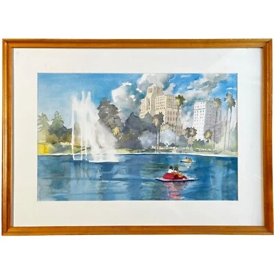 Watercolor Painting Long Beach Southern California Paddle Boats Artwork 29 x 21" - Image 1 of 4