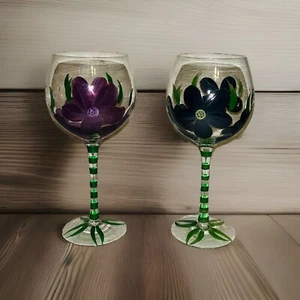 Hand-Painted Purple Flower Butterfly Wine Glass Set - Picture 1 of 4