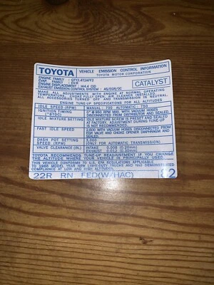 Camioneta Toyota 1986 22r Carb/4runner Hilux emisión alimentada HAC calcomanía repro #82 Foto 1 de 2