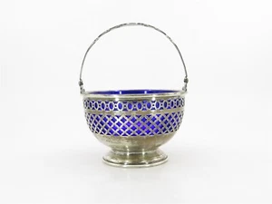 c.1830 GORHAM Sterling Silver Reticulated BonBon Basket with Cobalt Blue Glass - Picture 1 of 9