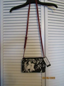 New Nine West Black/White Floral Red Strap Cross Body Small Zippered Bag - Picture 1 of 4