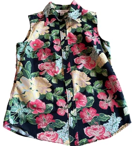 Vintage Casual Corner Woman Black Floral Button Down Sleeveless Blouse Size S - Picture 1 of 12