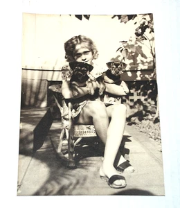 Fotografía en blanco y negro de 1930 niña sosteniendo dos perros en su regazo 7"x 5" - Imagen 1 de 9