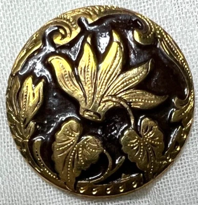Vintage Art Nouveau Hand painted brass decorative brass button~leaves~7/8"~A27 - Image 1 of 2