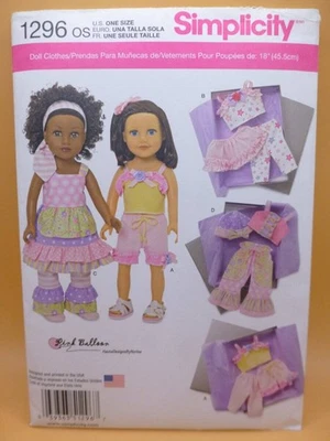 UNCUT SIMPLICITY 1296-18"/45.5 CM GIRL DOLL CLOTHES SEWING PATTERN-13 ITEMS - Image 1 of 2