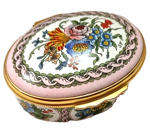Halcyon Days Emaille Oval Box Floral 1" x 2" England Messing Scharnier Multi Lavendel - Bild 1 von 17