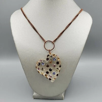 Betsey Johnson Lucite Crystal Puffed Heart Copper Chain Pendant Necklace 34" - Image 1 of 4