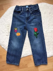 Gap Girls Dark Blue Denim Jeans Patch Rose Burger Adj Waist Sz 4 - Picture 1 of 3