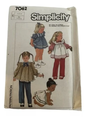 Simplicity Sewing Pattern 7062 Toddlers Tops Apron Sundress Pants Sz 1 2 3 Cut - Image 1 of 2