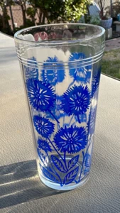 Vintage Juice Glass Tumblers 5.5” Blue Dandelions Ribbed Lined  Rare! Antique! - Picture 1 of 3