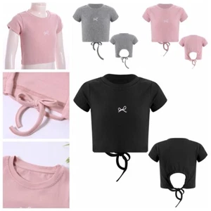Kids Girls Shirts Cutout Back Tops Outdoor T-shirt Round Neck Crop Top Bow Gym - Picture 1 of 42