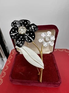 Avon Black & White Polka Dot Enamel Rhinestone Flower Brooch Pin Large - Picture 1 of 11