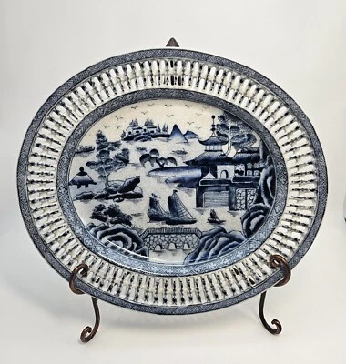 Antq. Chinese Republic peroid Bl/wht Canton reticulated Chinoiserie platter mark - Image 1 of 4