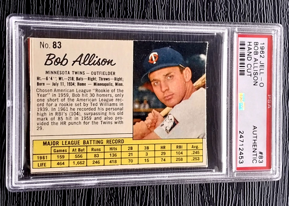 1962 JELL-O BOB ALLISON SP BASEBALL CARD #83 HAND CUT ****RARE**** PSA AUTHENTIC - Image 1 of 4