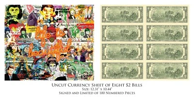 WORLD RELEASE OF UNCUT SHEET 8 U.S. $2 Bills POP ART ICONS by RENCY S/N # of 100 - Image 1 of 3