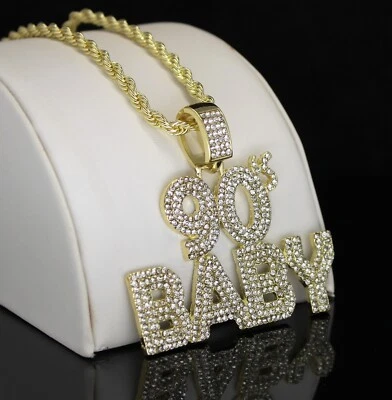 Colgante de circonita helada bebé años 90 chapado en oro o plata 14k collar de 24" joyería hip hop Foto 1 de 4