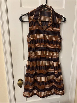 Vestido Camisa Bebop Mujer Cuello Botón Frontal Sin Mangas Marrón Rayas S Foto 1 de 4