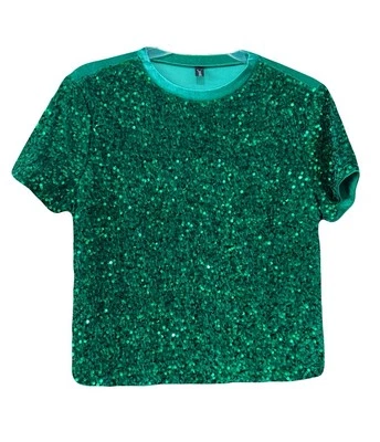 Allegra K Green Velvet Sequin Top Crew Neck Short Sleeve Party Womens Large - Image 1 of 4