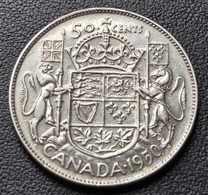 Moneda de medio dólar de plata de 50 centavos de Canadá 1950 - 80 % plata - variedad de medio diseño - Imagen 1 de 3