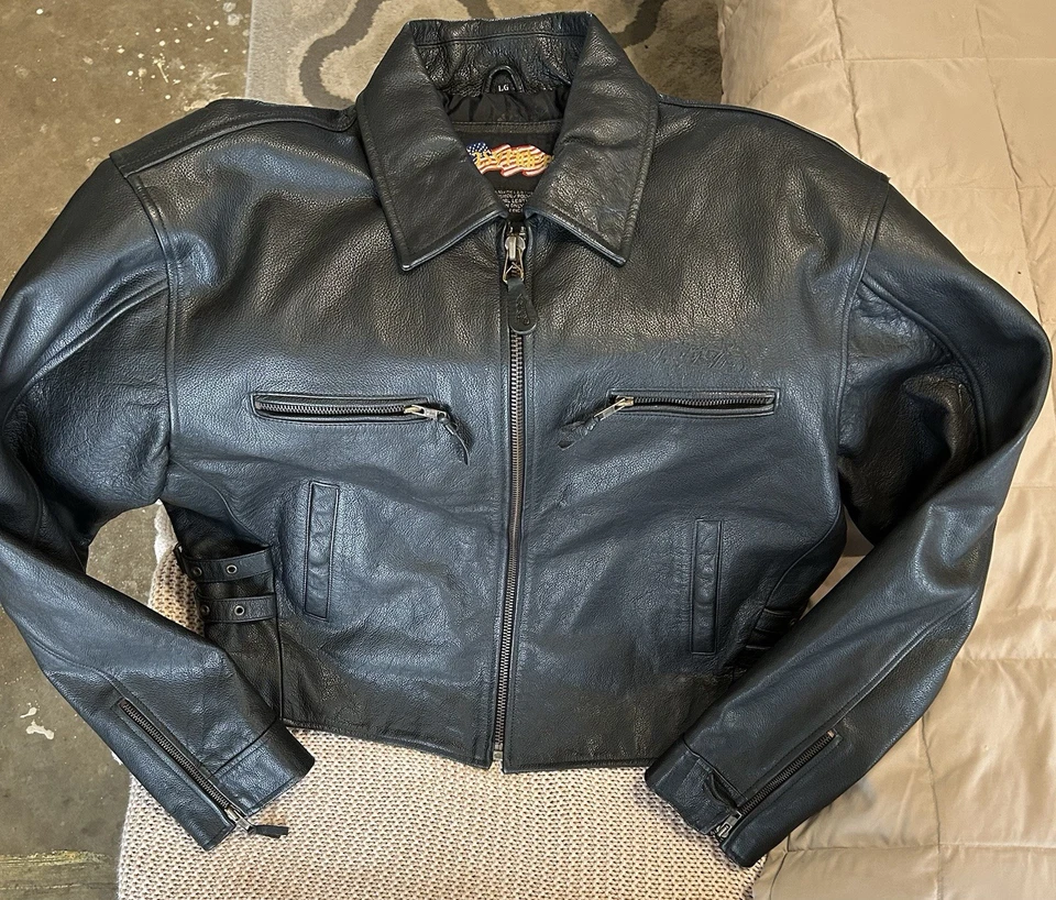 Chaqueta de Motociclista Easy Rider Vintage Cuero Negro Talla L Para Hombre Bolsillos con Cremallera Completa Foto 1 de 4