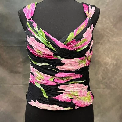 Top Vintage Colección Carmen Marc Valvo Seda Floral Acanalado Cuentas Cuello en V Talla 8 Foto 1 de 4