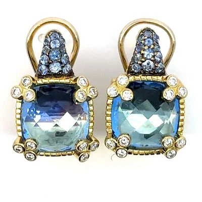 Judith Ripka Roma Collection 18K Yellow Gold Diamond &Blue Topaz Earrings - J112 - Image 1 of 4