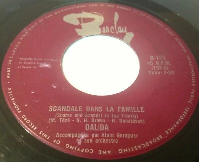 DALIDA 45 " Scandale Dans La Famille" BARCLAY Canadá 1965' Foto 1 de 2