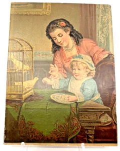 Madre hijo y periquitos victorianos de la década de 1880 (?) CROMOLITOGRAFÍA de George Stinson - Imagen 1 de 17