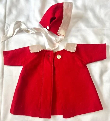 "De colección 1950 Rojo Fieltro y Organdía Bebé Muñeca Abrigo Gorro 9.5"" Largo Composición Patsy" Foto 1 de 4