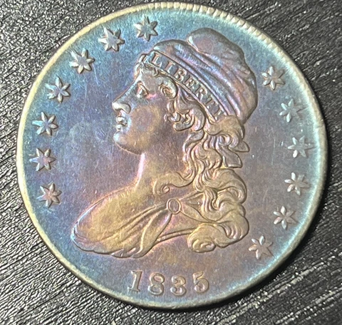 1835 CAPPED BUST LETTERED EDGE SILVER HALF DOLLAR BEAUTIFUL BLUEISH-ORANGE BU+++ Cover