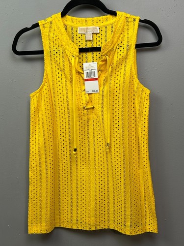 Top smanicato Michael Kors donna XS giallo dorato occhielli pizzo cravatta blusa NUOVO