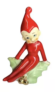 Vintage Christmas Elf Pixie Girl Sitting On Holly Japan Figurine - Picture 1 of 8